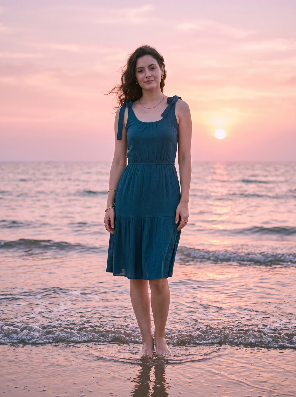 A woman stands barefoot at the edge of the ocean during a sunset, wearing a sleeveless teal blue tiered dress with shoulder ties.