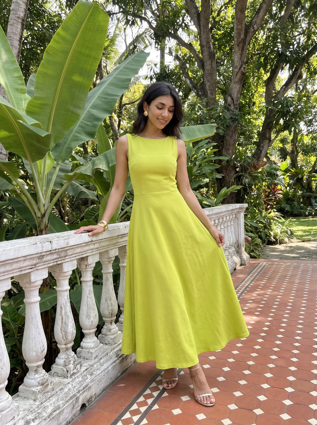 Lime Green Sleeveless Flared Maxi Dress
