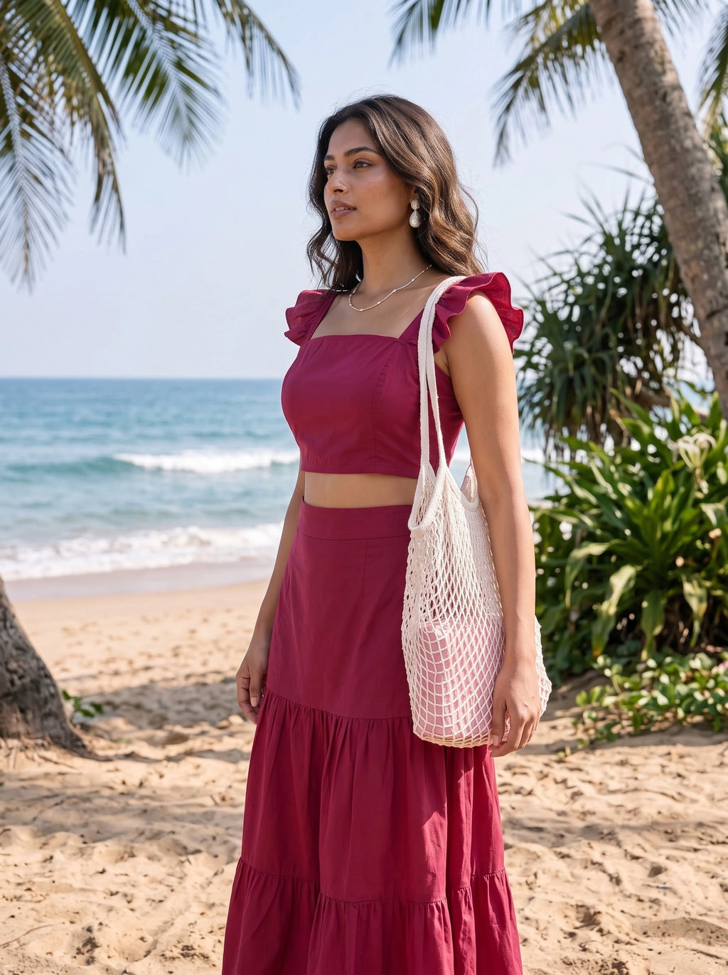 Berry Pink Ruffle Sleeve Crop Top & Tiered Skirt Co-Ord Set
