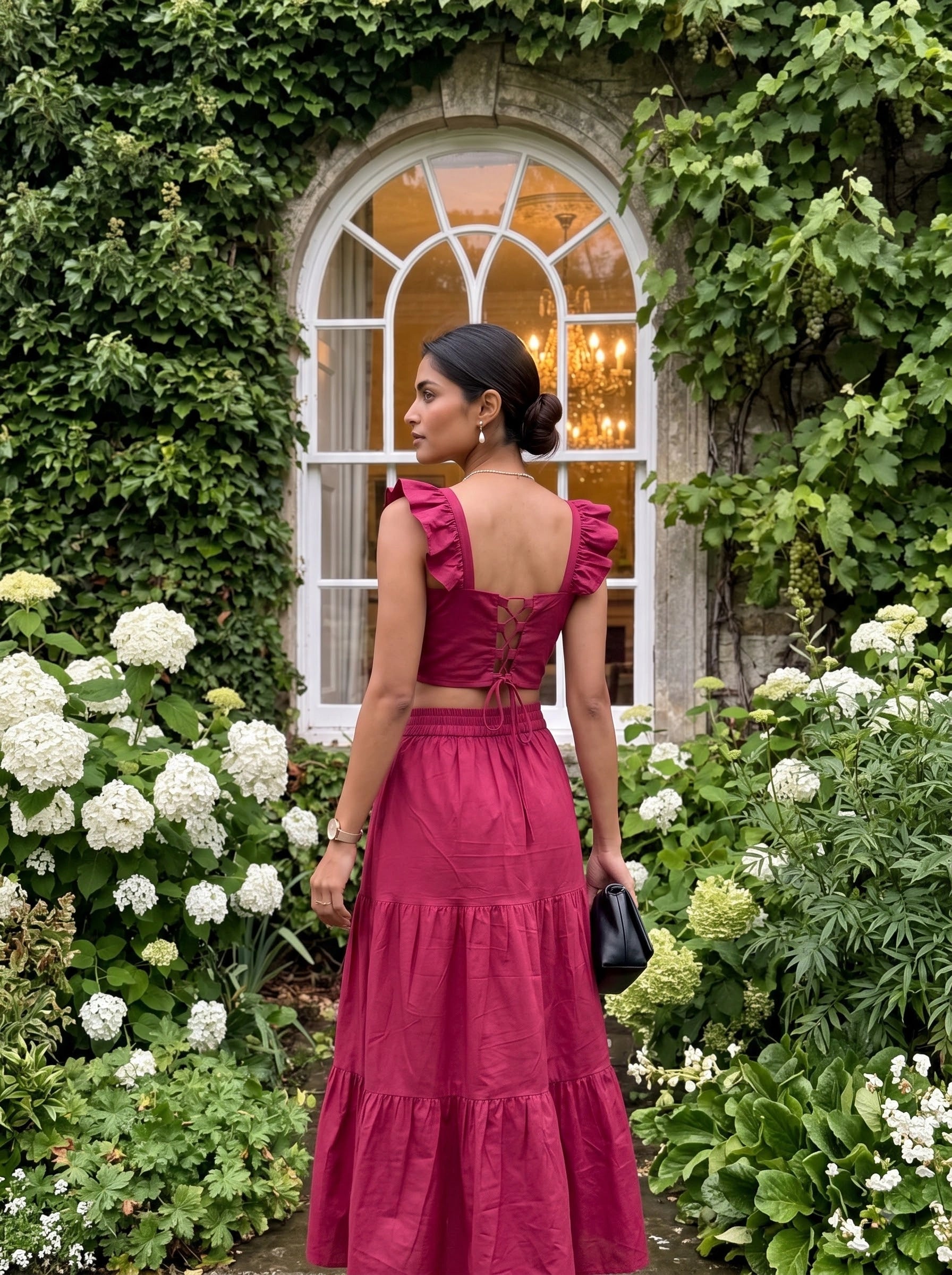 Berry Pink Ruffle Sleeve Crop Top & Tiered Skirt Co-Ord Set