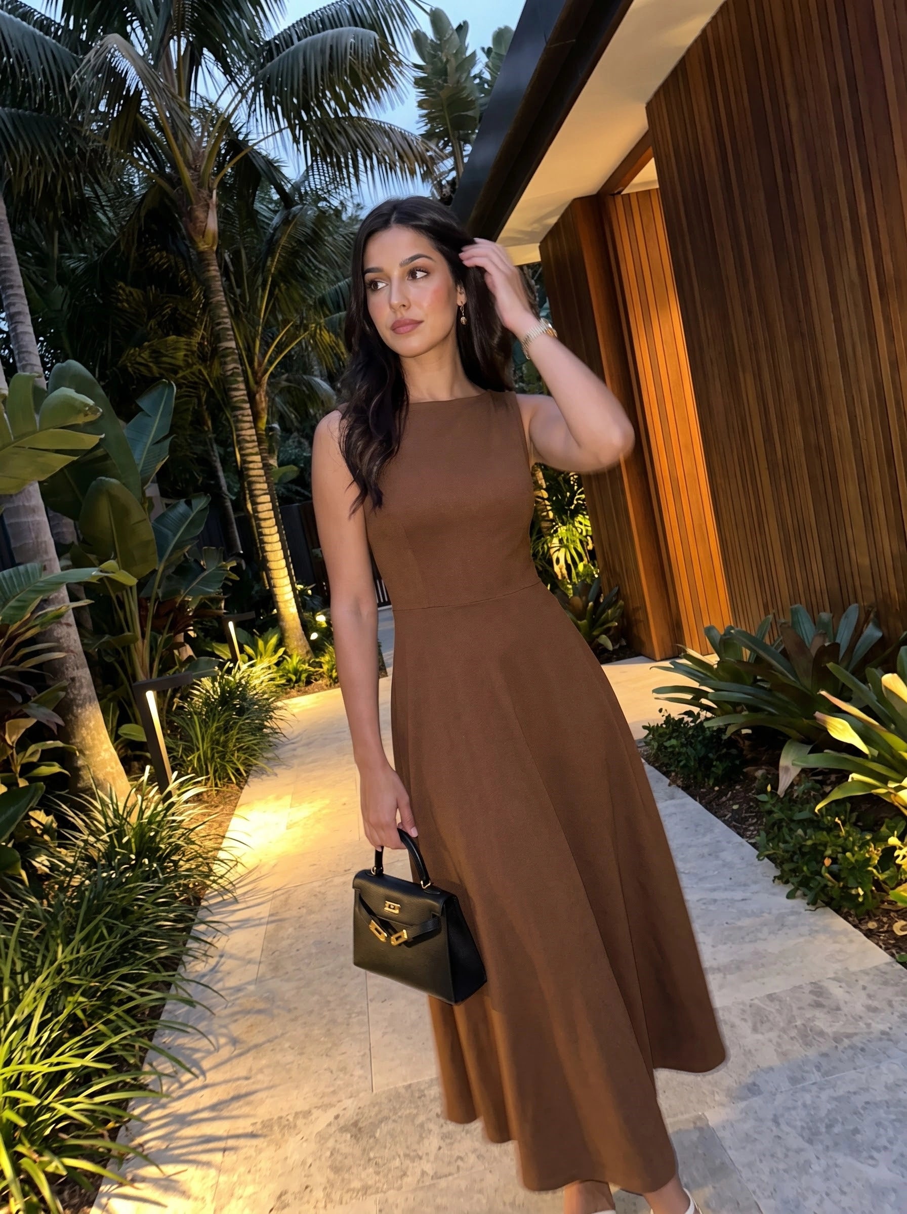 Mocha Elegance Sleeveless Flared Maxi Dress