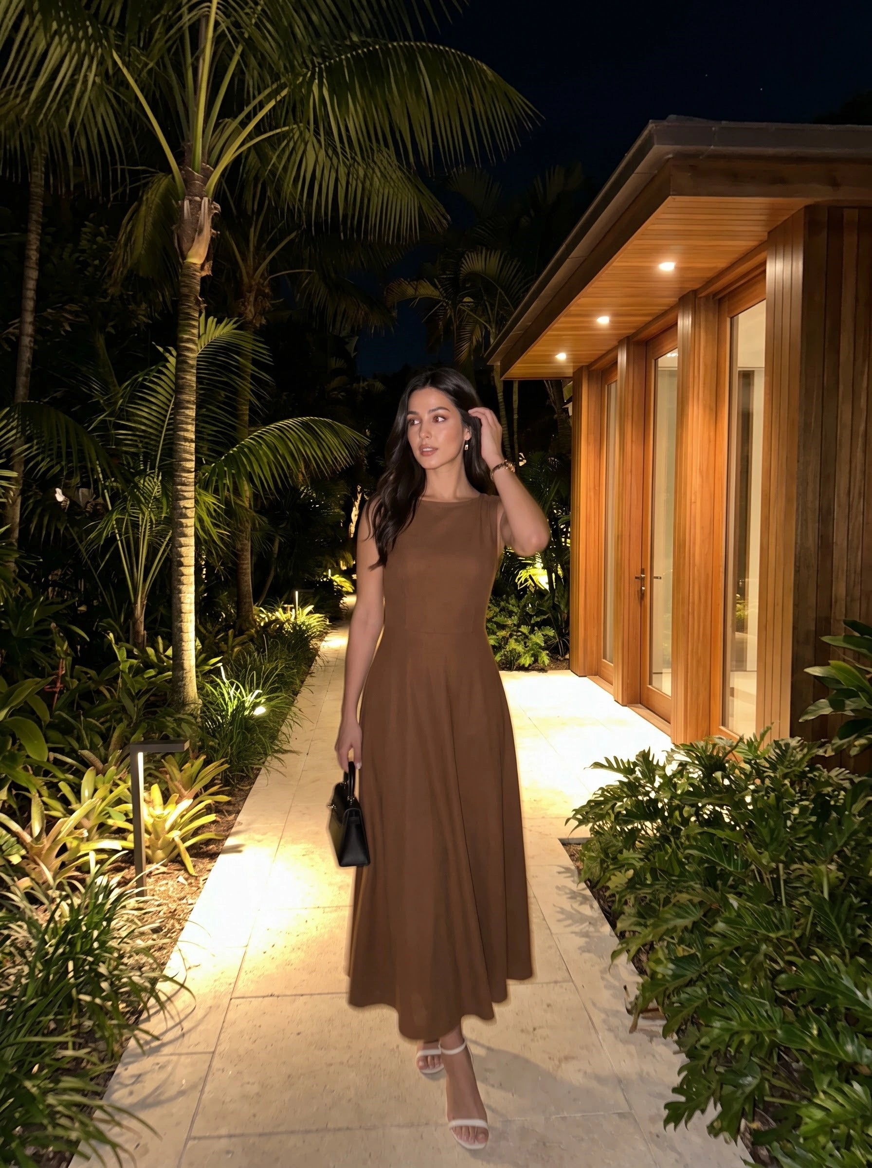 Mocha Elegance Sleeveless Flared Maxi Dress