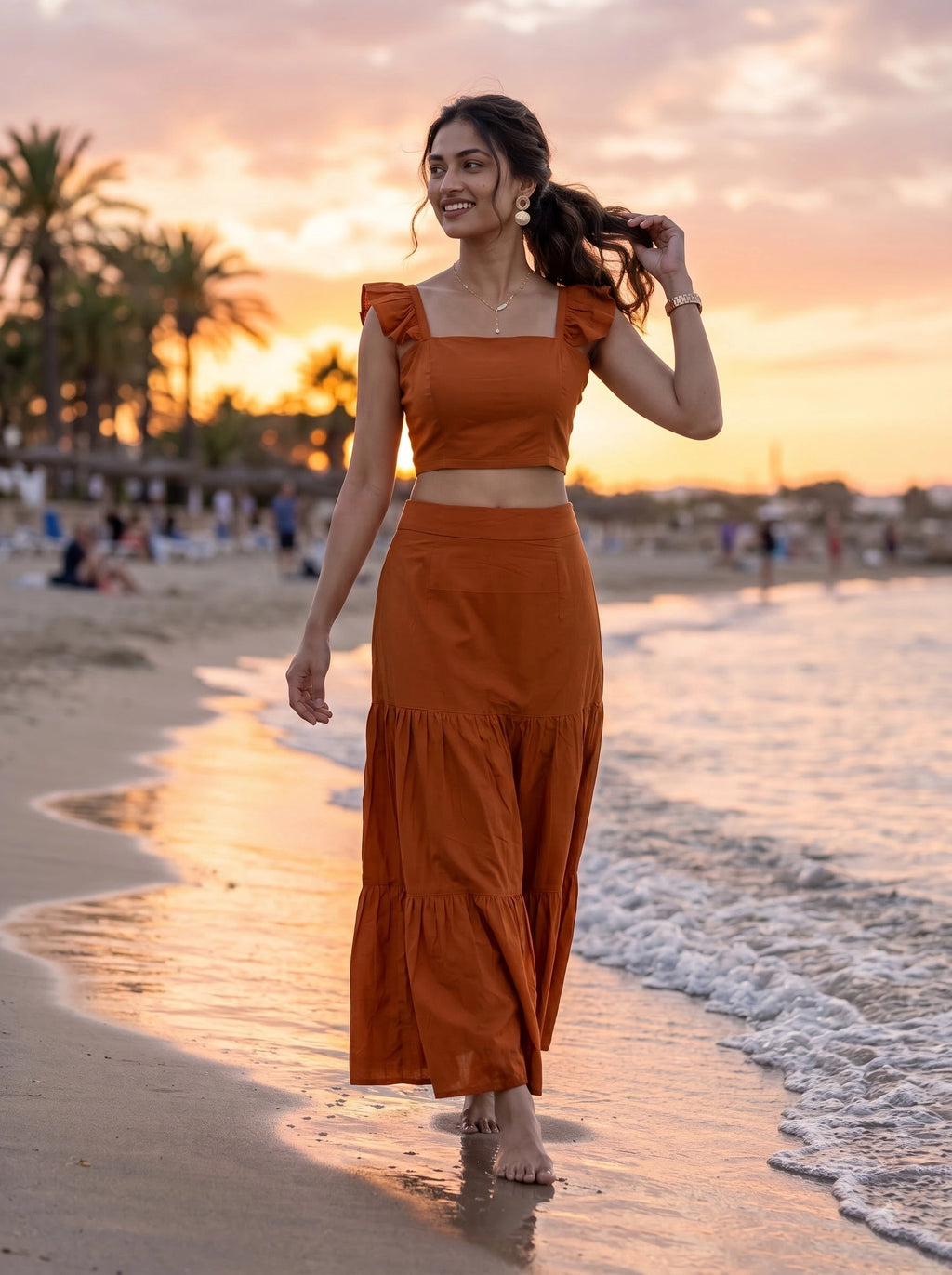 Rust Orange Ruffle Sleeve Crop Top & Tiered Skirt Co-Ord Set