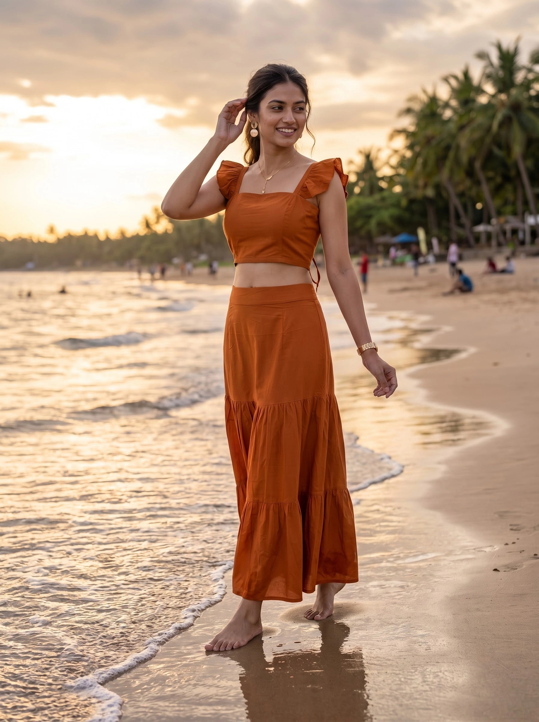 Rust Orange Ruffle Sleeve Crop Top & Tiered Skirt Co-Ord Set