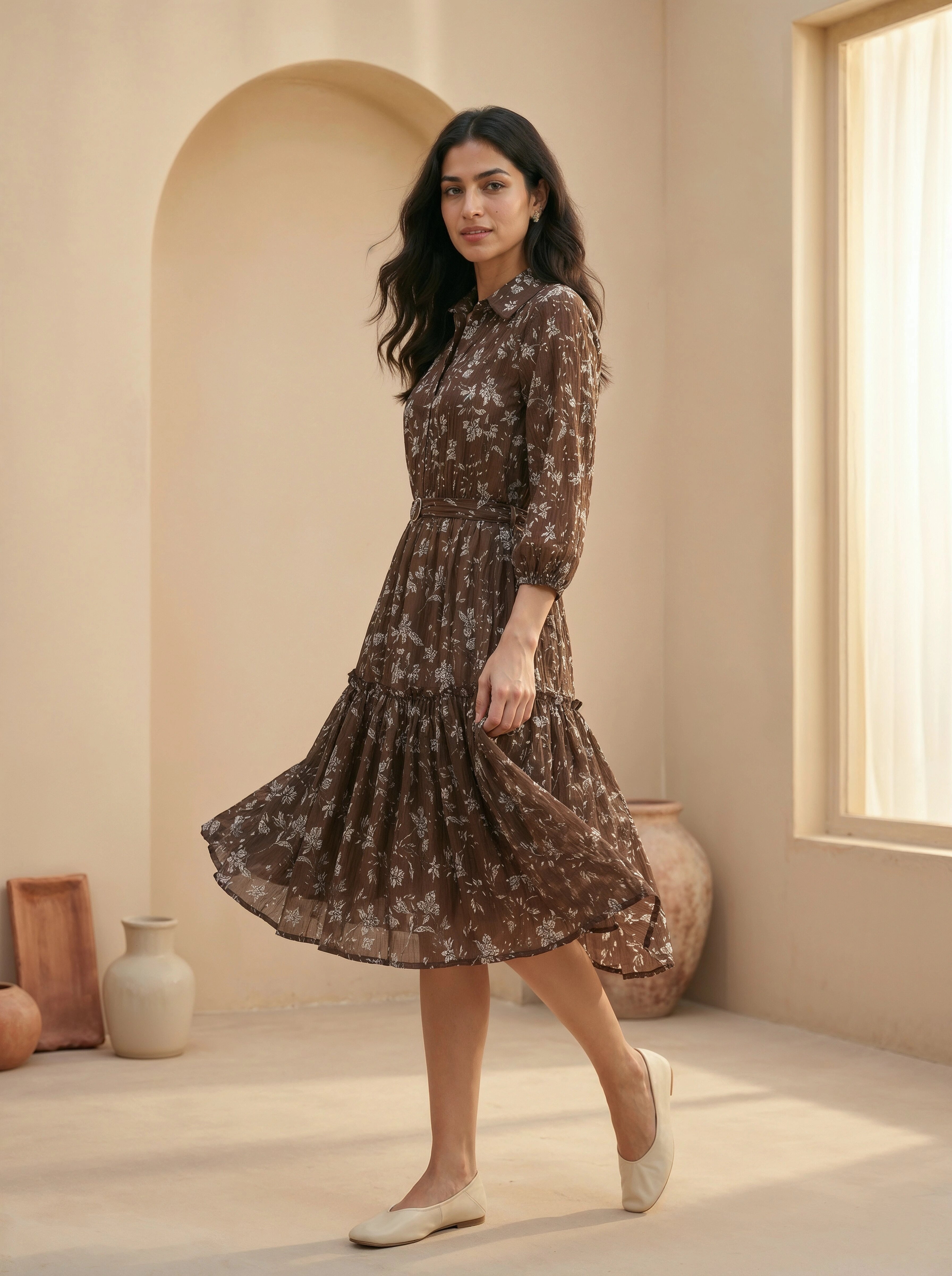 Woman wearing a brown floral dress in a warm-toned room with arched door and window.