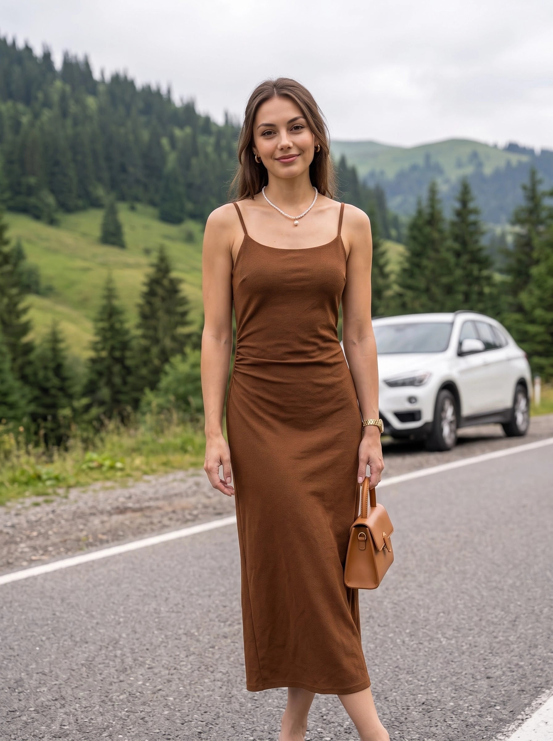 Brown Slip Maxi Dress with Spaghetti Straps