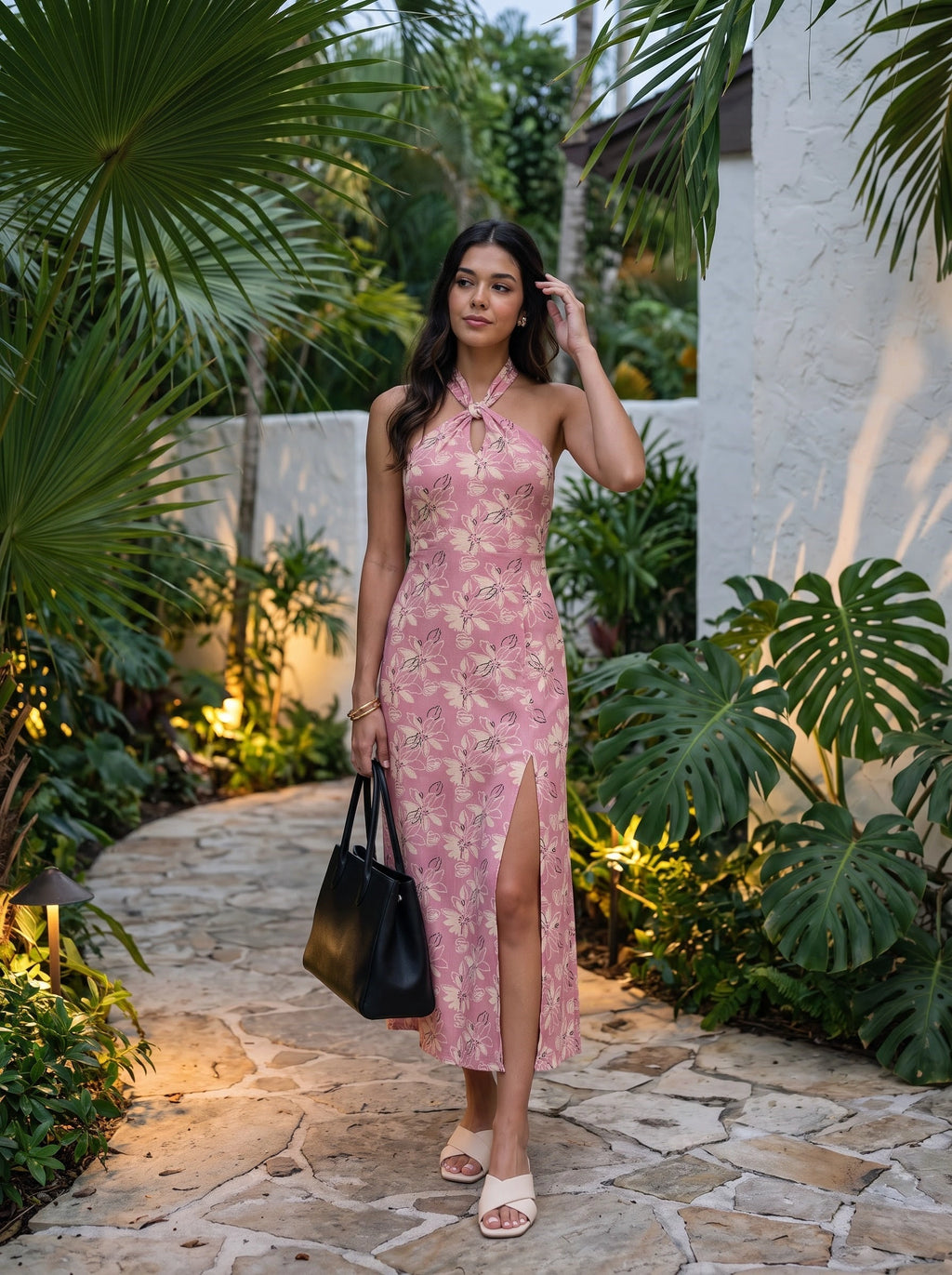 Pink Floral Halter Neck Slit Dress