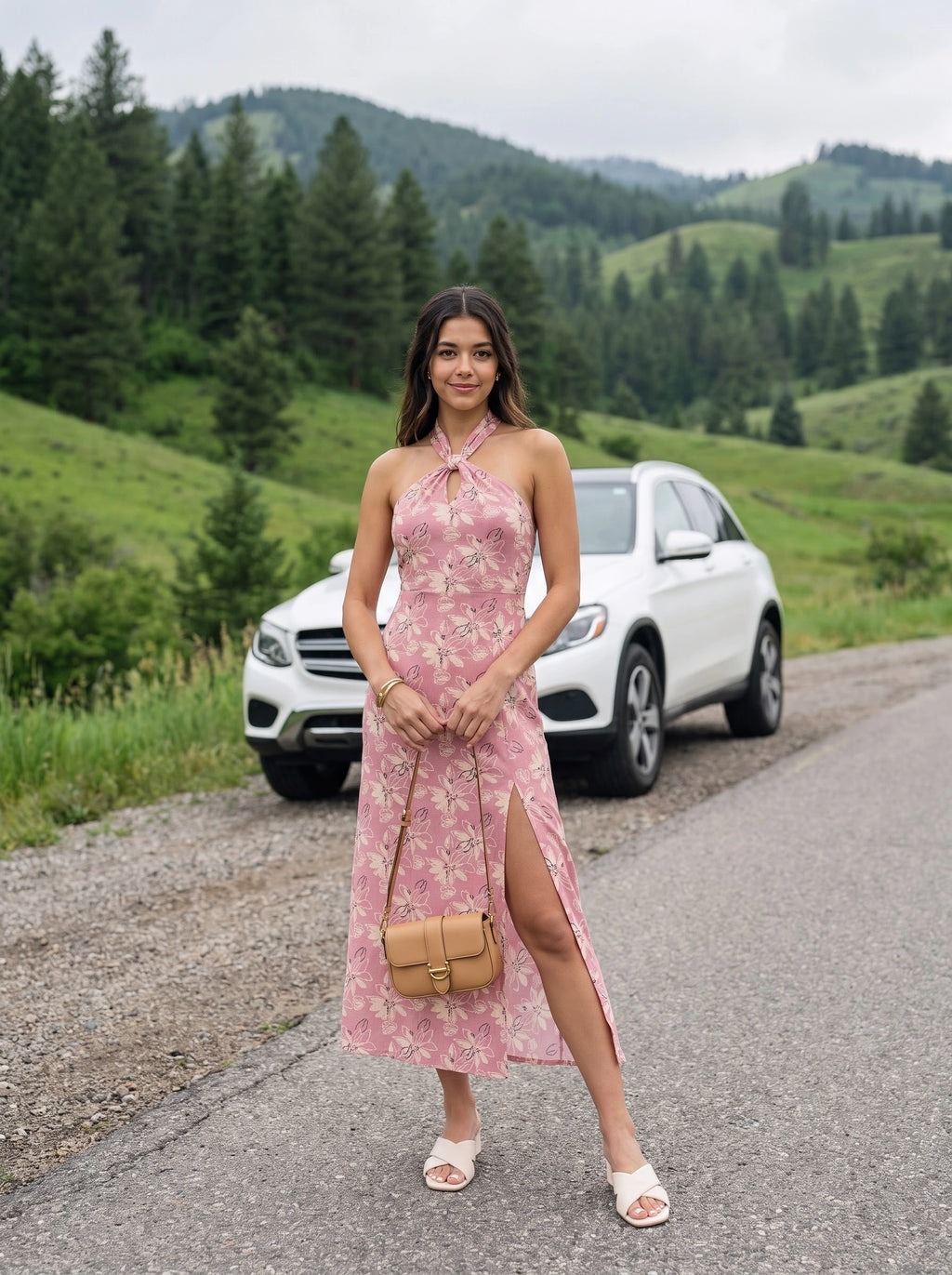 Pink Floral Halter Neck Slit Dress