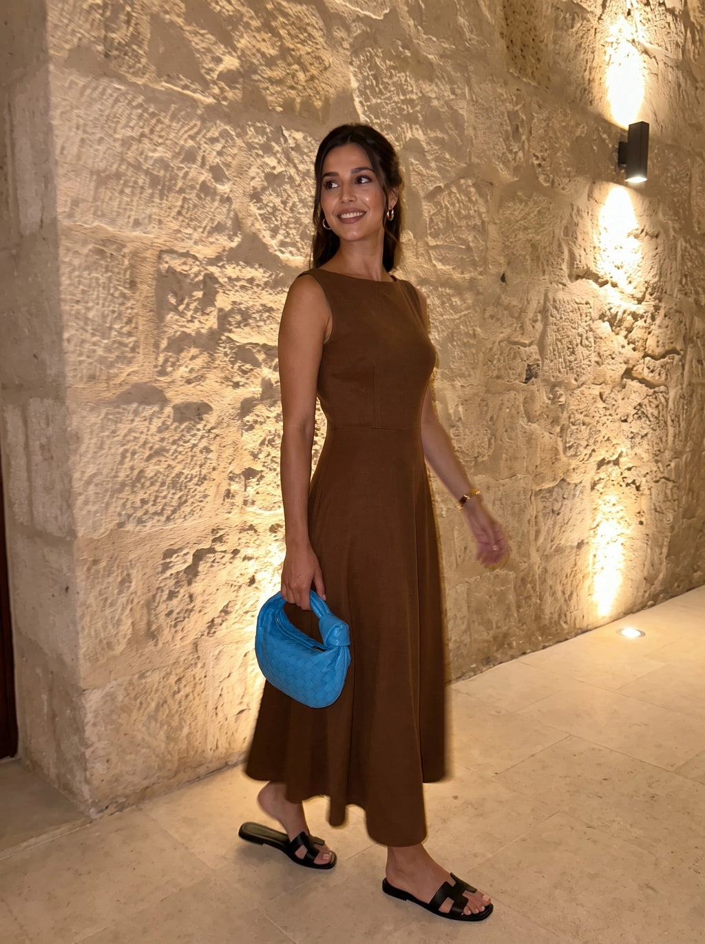 Mocha Elegance Sleeveless Flared Maxi Dress