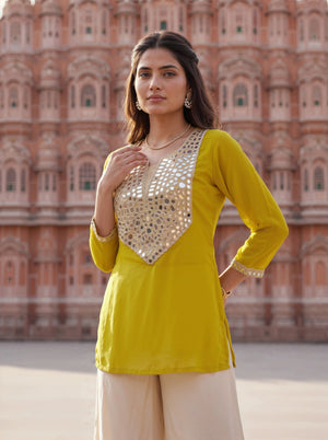 Mustard Mirror Work Embellished Ethnic Top