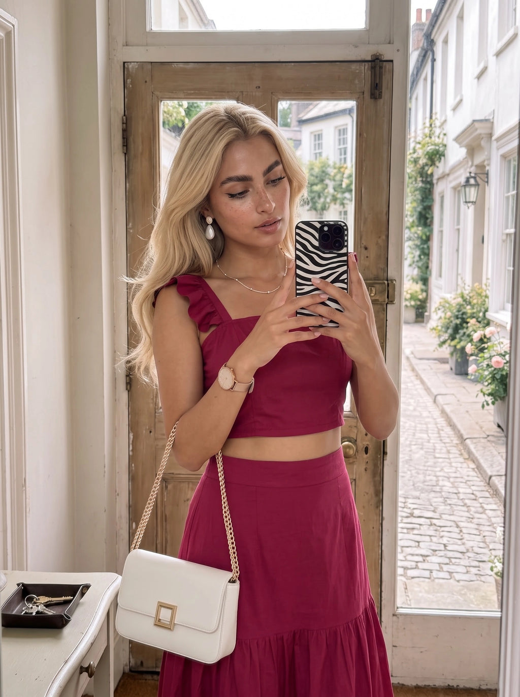 Berry Pink Ruffle Sleeve Crop Top & Tiered Skirt Co-Ord Set