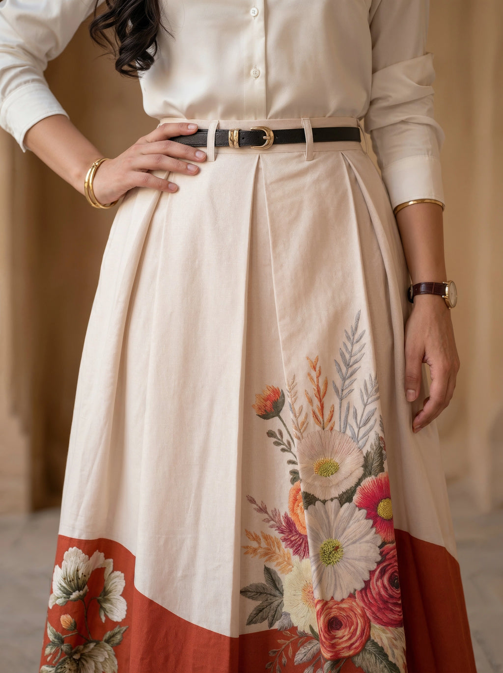 Person wearing a white shirt and beige skirt with floral embroidery, standing against a neutral background.