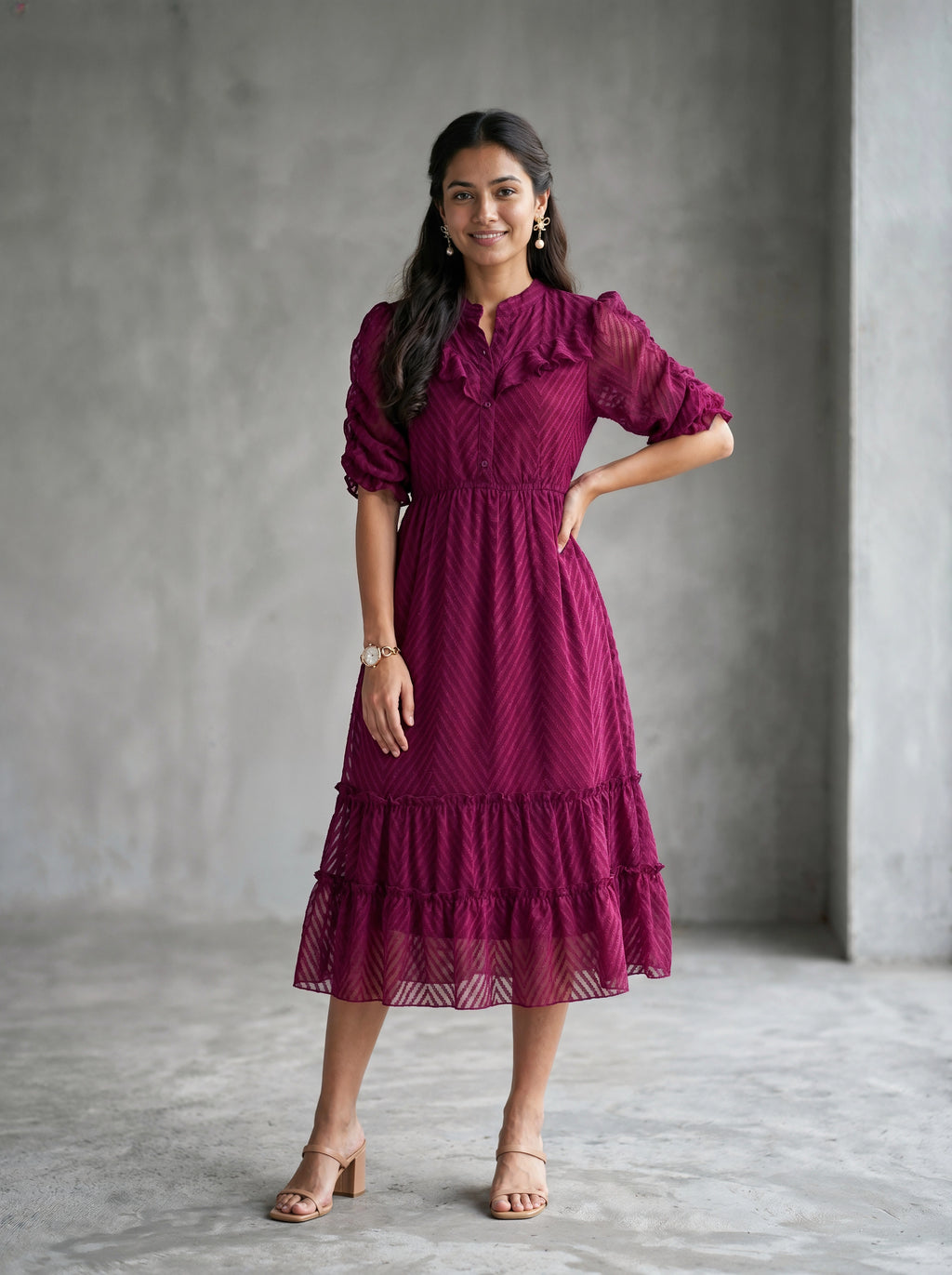flutter sleeve ruched corset detail tiered midi dress in berry Berry Ruffle Tiered Midi Dress for Women EverMore