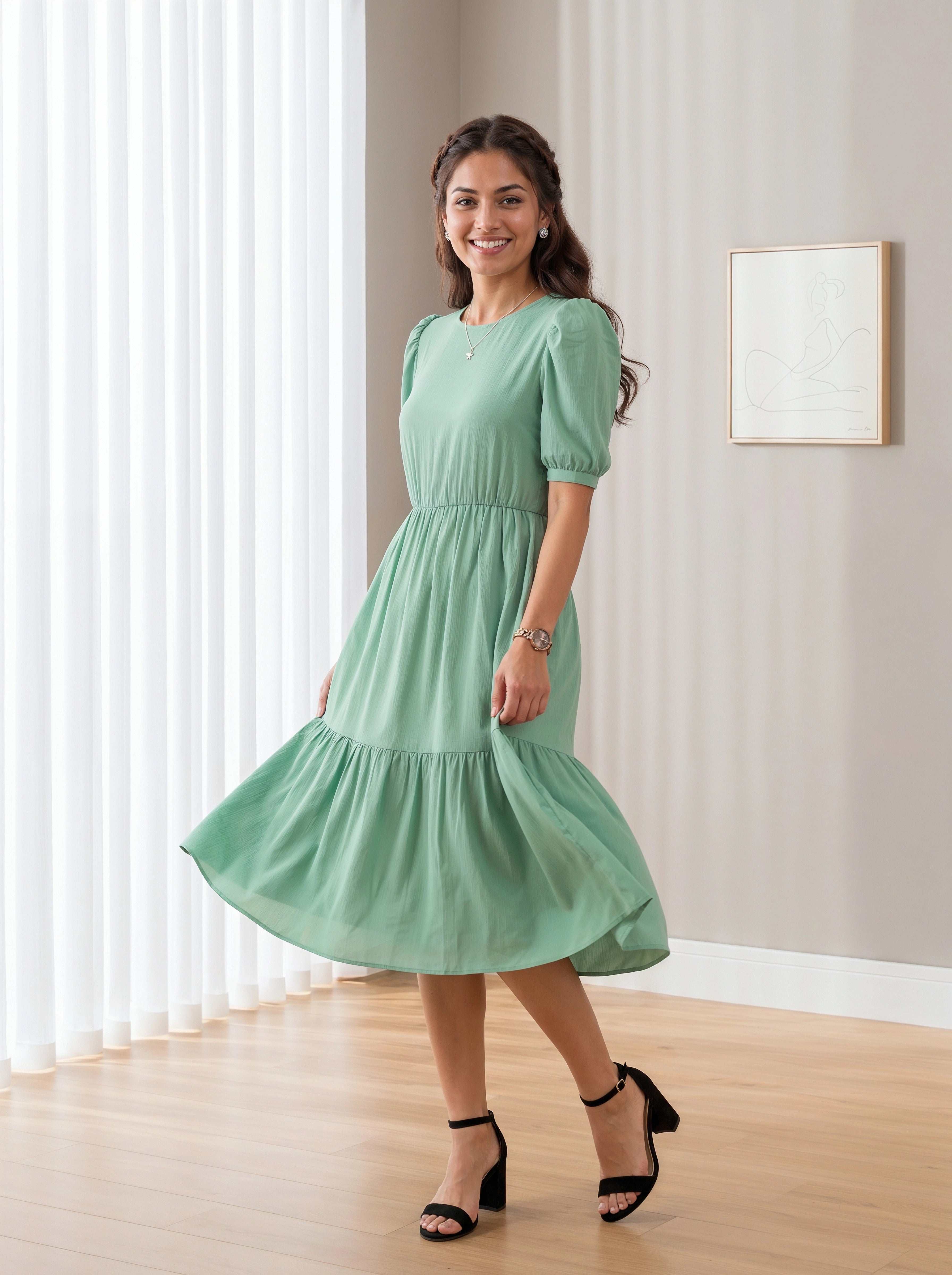 Woman wearing a green dress standing in a room with light-colored walls and wooden floor.