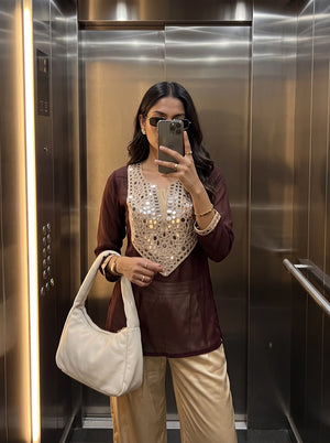 Maroon Mirror Work Embellished Ethnic Top