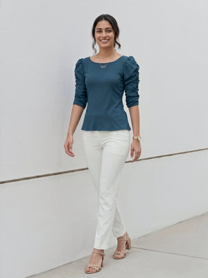 Teal Puff Sleeve Round Neck Top