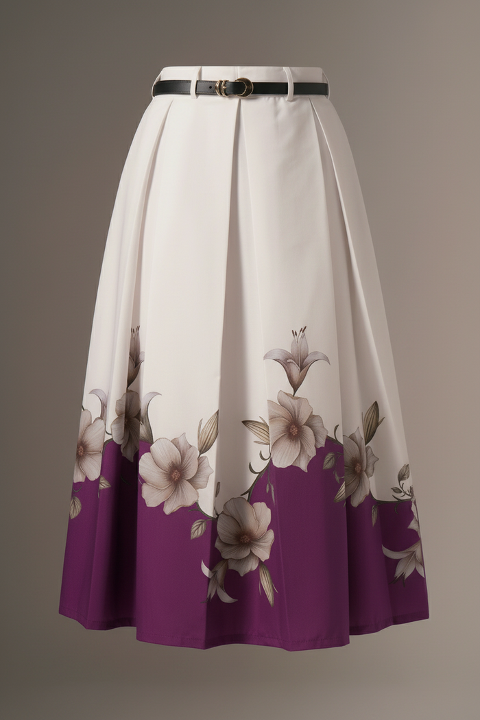 White & Purple Floral Printed Flared Skirt