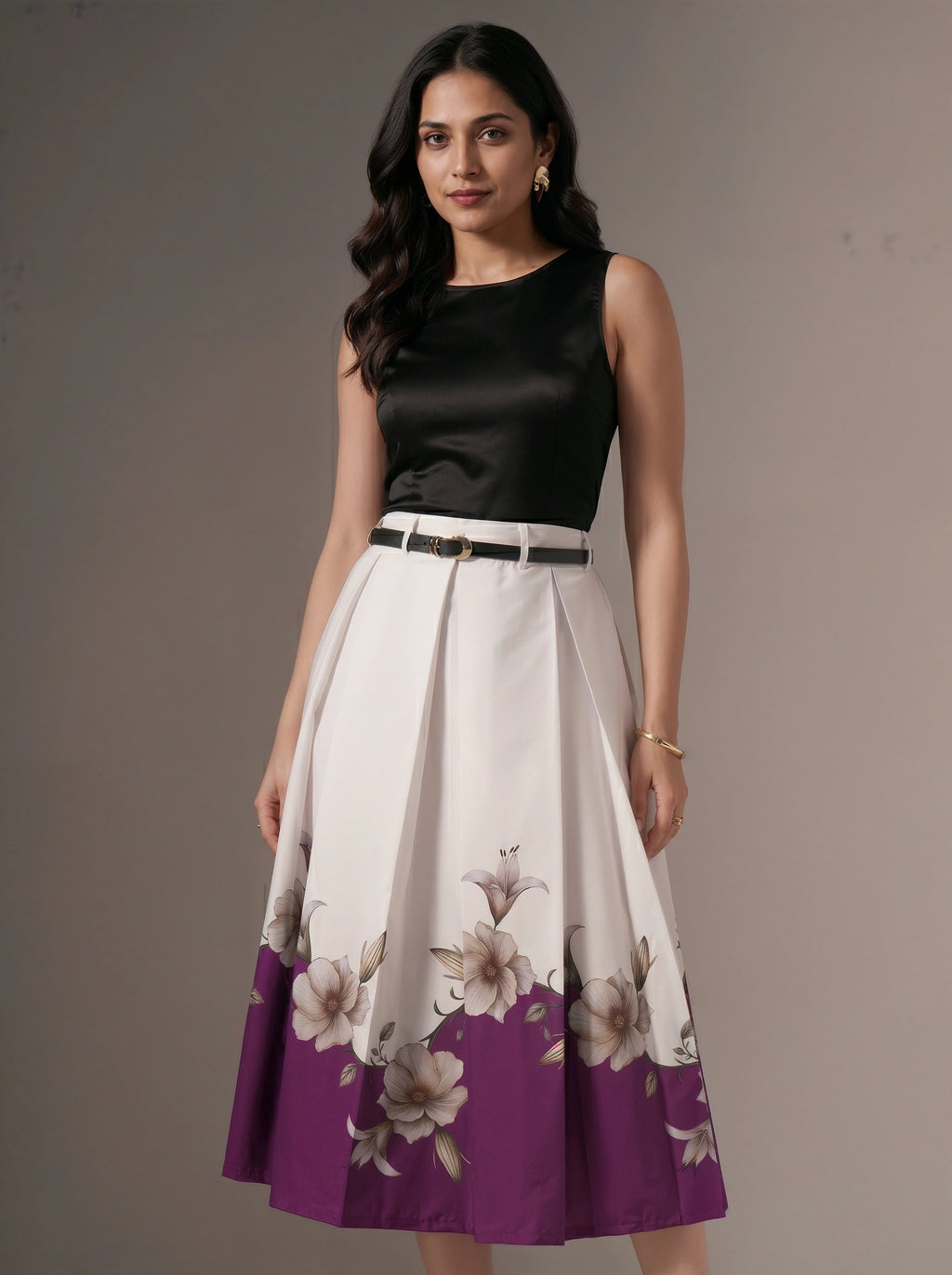 Woman wearing a black top and floral skirt with purple base on a gray background