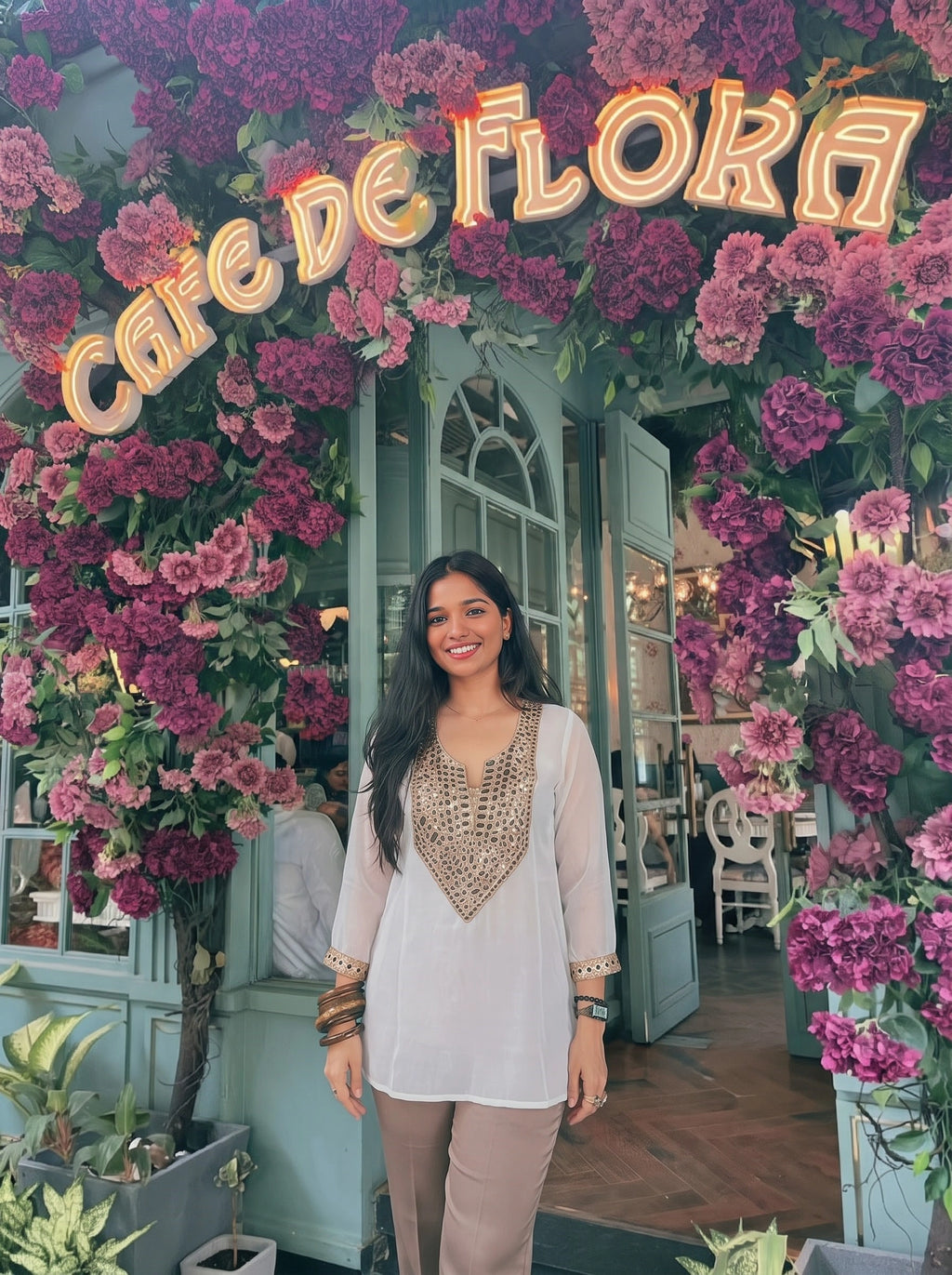 A woman stands smiling in front of a floral cafe entrance with a large illuminated sign reading 'Cafe de Flora'. She is wearing a white tunic top with a gold embroidered neckline and beige pants.