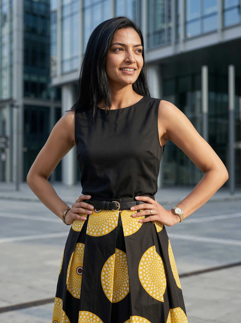 Woman wearing a black sleeveless top and yellow patterned skirt standing in an urban setting.
